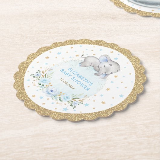 Zachte Powder Blue Gold Stars Elephant Baby shower Kartonnen Onderzetters (Gekanteld)
