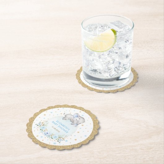 Zachte Powder Blue Gold Stars Elephant Baby shower Kartonnen Onderzetters (Insitu)
