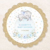 Zachte Powder Blue Gold Stars Elephant Baby shower Kartonnen Onderzetters (Voorkant)