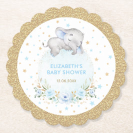 Zachte Powder Blue Gold Stars Elephant Baby shower Kartonnen Onderzetters