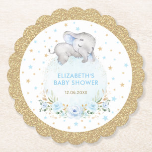 Zachte Powder Blue Gold Stars Elephant Baby shower Kartonnen Onderzetters