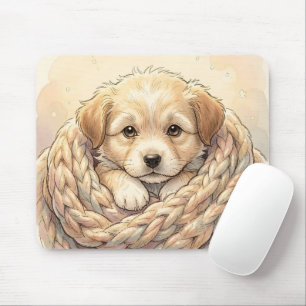 Zachte puppy gewikkeld in een gebreide deken muismat
