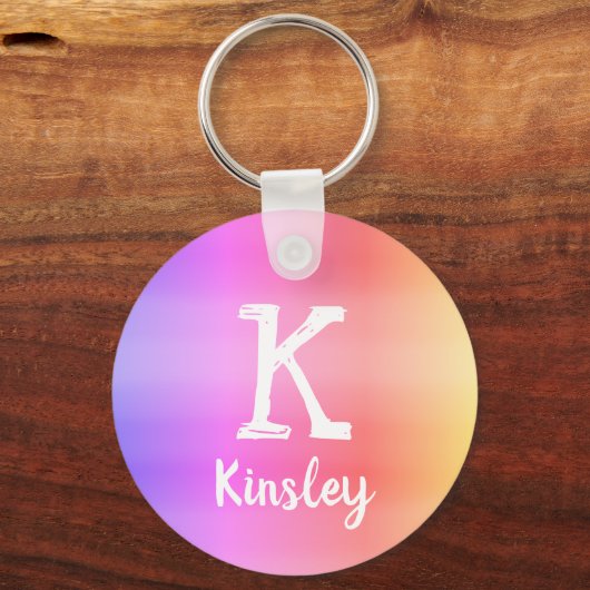 Zachte Rainbow Ombre Kleur Verloop Monogram Naam Sleutelhanger (Voorkant)