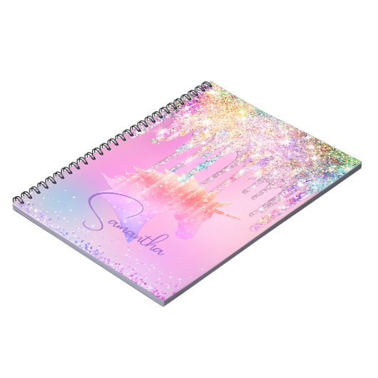 Zachte regenboog eenhoorn roze glitters drijpsels  notitieboek (Linkerzijde)