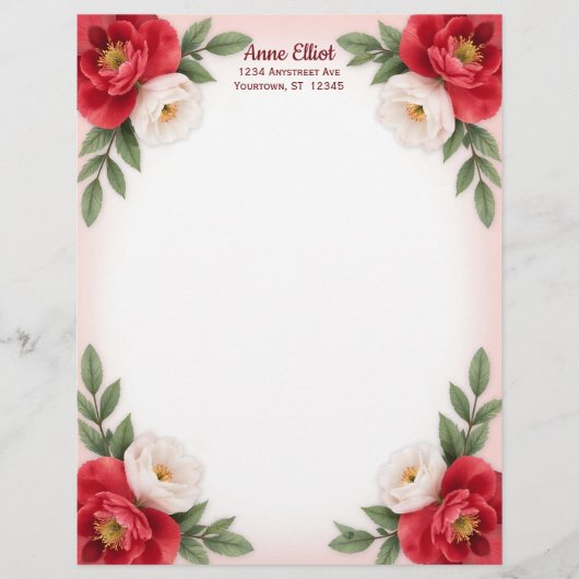 Zachte Rode en Witte Bloemen Briefpapier Briefhoofd (Voorkant)