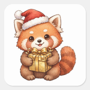 Zachte Rode Panda Kerstman Hoed Kerstcadeau Sticke Vierkante Sticker