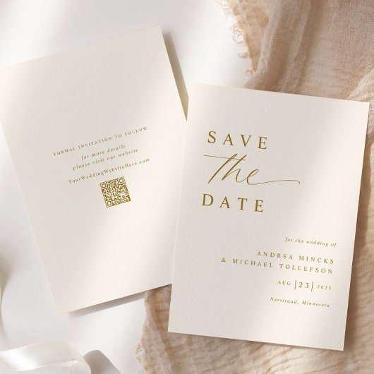 Zachte romantische crème en gouden bruiloft save the date