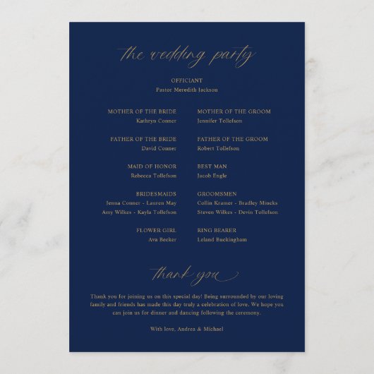 Zachte romantische donkere marine blauw en gouden  programmakaart (Achterkant)