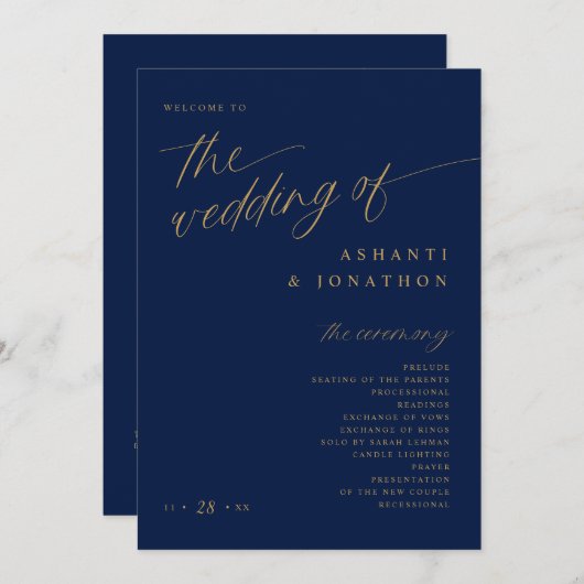 Zachte romantische donkere marine blauw en gouden  programmakaart (Voorkant / Achterkant)