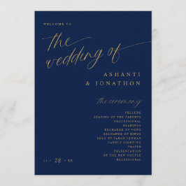 Zachte romantische donkere marine blauw en gouden  programmakaart