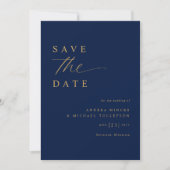 Zachte romantische marine blauw en gouden bruiloft save the date (Voorkant)