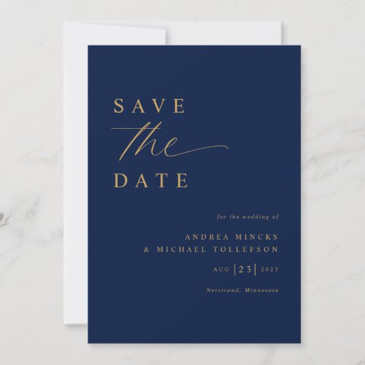 Zachte romantische marine blauw en gouden bruiloft save the date (Voorkant)