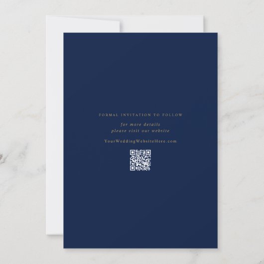 Zachte romantische marine blauw en gouden bruiloft save the date (Achterkant)