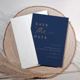 Zachte romantische marine blauw en gouden bruiloft save the date