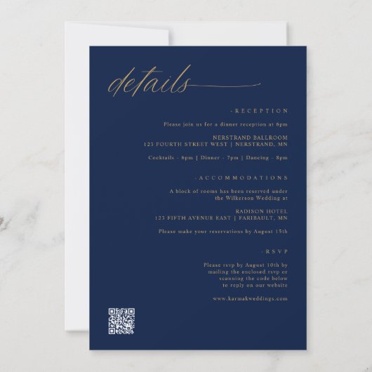 Zachte romantische marine en goud Alles in één bru Kaart (Achterkant)