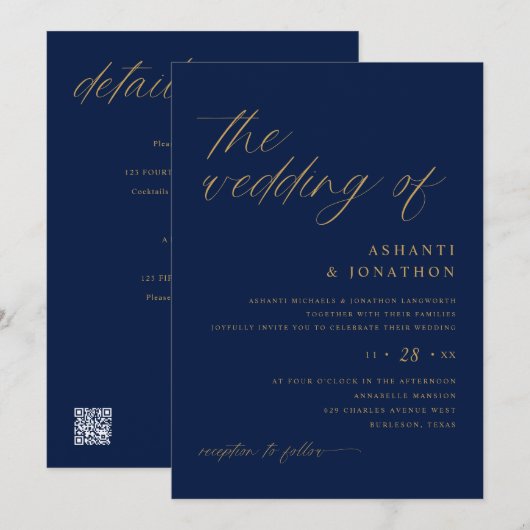 Zachte romantische marine en goud Alles in één bru Kaart (Voorkant / Achterkant)