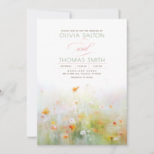 Zachte romantische weide Wildbloemen Zomer bruilof Kaart (Voorkant)