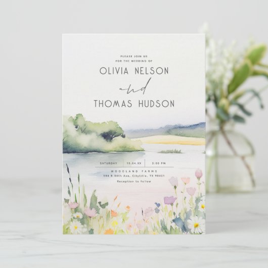 Zachte romantische weide Wildbloemen Zomer bruilof Kaart (Staand voorkant)