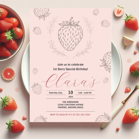 Zachte Roze Aardbei Minimaliste Geboortedag Party Kaart