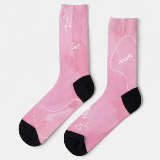 Zachte roze aquarel met witte naam sokken (Links)