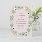 Zachte Roze Bladgroen Eucalyptus Bruiloft Kaart (Staand voorkant)