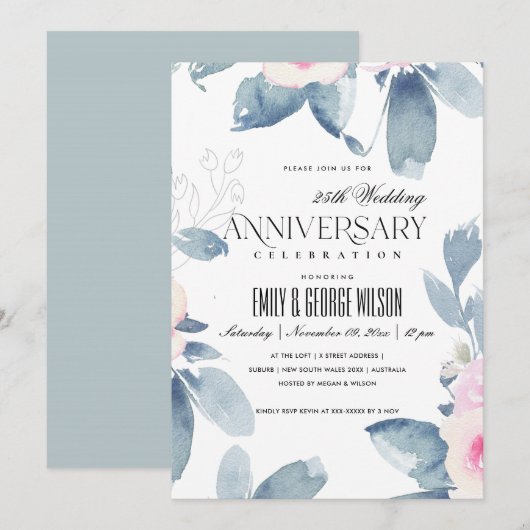 ZACHTE ROZE BLAUWE BLOEMEN 25 JAAR JUBILEUM KAART (Voorkant / Achterkant)