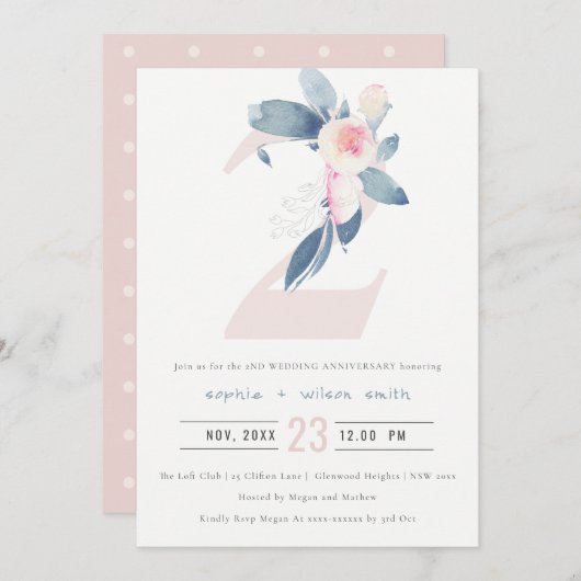 ZACHTE ROZE BLAUWE FLORALE 2E JUBILEUM ELK JAAR KAART (Voorkant / Achterkant)