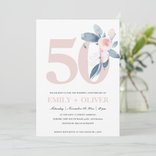 ZACHTE ROZE BLAUWE FLORALE 50E WILLEKEURIG JAAR JU KAART (Staand voorkant)