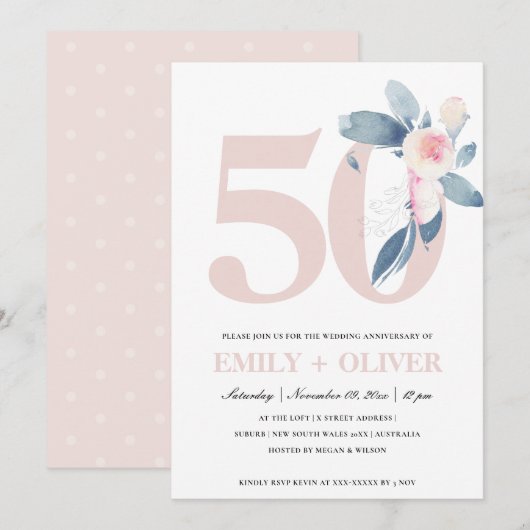 ZACHTE ROZE BLAUWE FLORALE 50E WILLEKEURIG JAAR JU KAART (Voorkant / Achterkant)