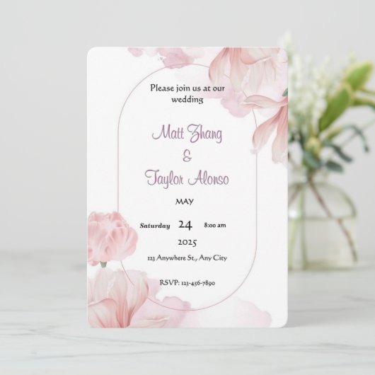 Zachte Roze Bloem Kader Uitnodiging (Staand voorkant)