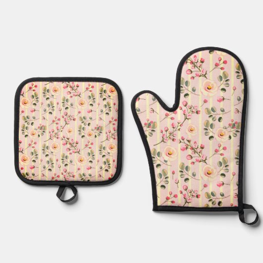 Zachte Roze Bloem Streep Patroon Ovenwant & Pannenlap Set (Voorkant)