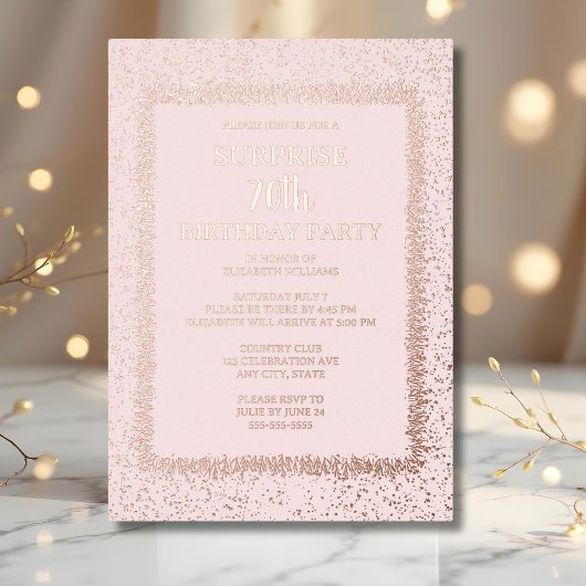 Zachte Roze Bloemen 70e Custom Surprise Verjaardag Folie Uitnodiging