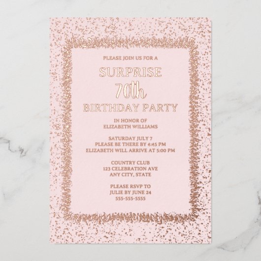 Zachte Roze Bloemen 70e Custom Surprise Verjaardag Folie Uitnodiging (Voorkant)