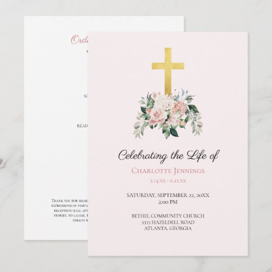 Zachte roze Bloemen Begrafenis Gedenkteken Orde va Programmakaart (Voorkant / Achterkant)