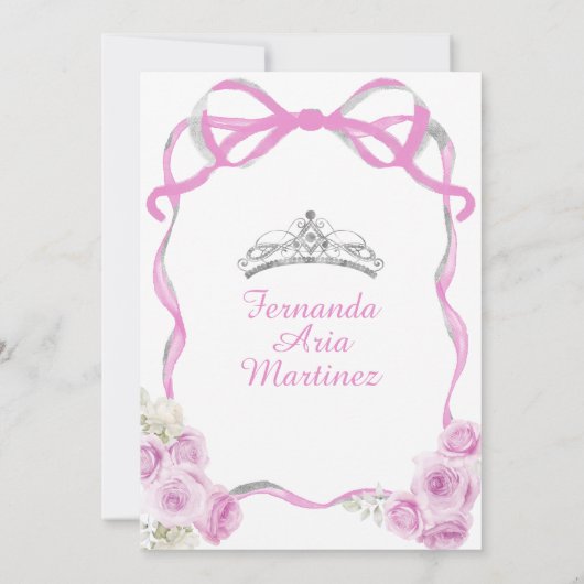 Zachte Roze Bloemen Boog Lint Zilver Meisje Mis Qu Kaart (Achterkant)