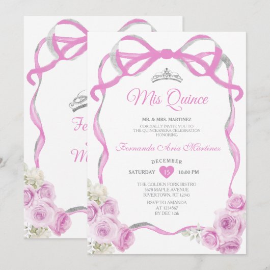 Zachte Roze Bloemen Boog Lint Zilver Meisje Mis Qu Kaart (Voorkant / Achterkant)