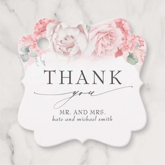 Zachte roze bloemen bruiloft dank u bedankjes labels (Voorkant)