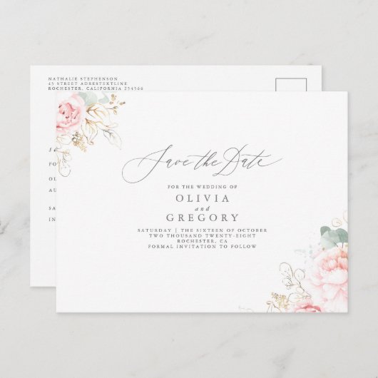Zachte roze bloemen Elegant Bewaar de datum Aankondigingskaart (Voorkant / Achterkant)