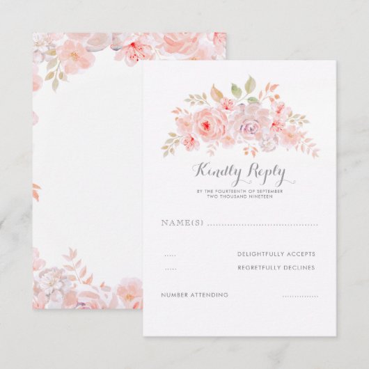 Zachte roze bloemen Elegante moderne bruiloft RSVP (Voorkant / Achterkant)