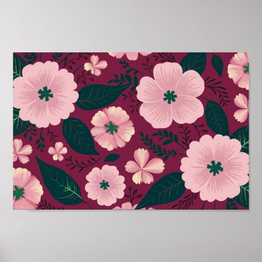 Zachte Roze Bloemen Op Diepe Marron Achtergrond Poster (Voorkant)