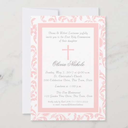 Zachte Roze Bloemen Paisley Eerste Communie Kaart (Voorkant)