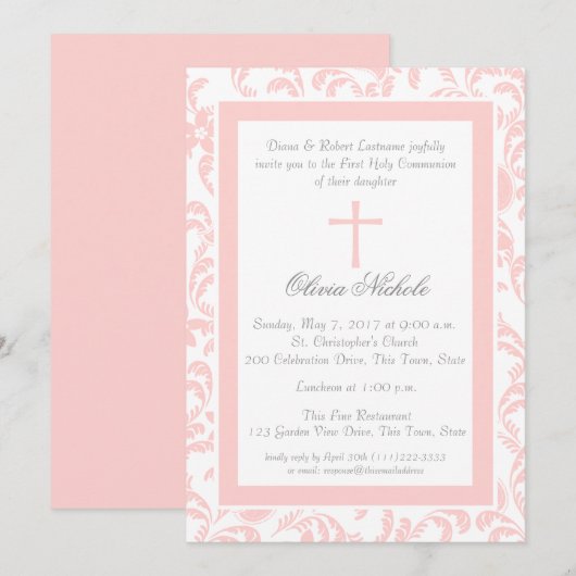 Zachte Roze Bloemen Paisley Eerste Communie Kaart (Voorkant / Achterkant)