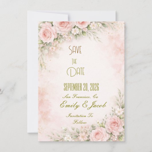 Zachte Roze Bloemen Plat Kaart Save The Date (Voorkant)