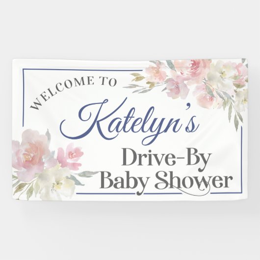 Zachte roze bloemen rijden op Baby shower banner (Horizontaal)