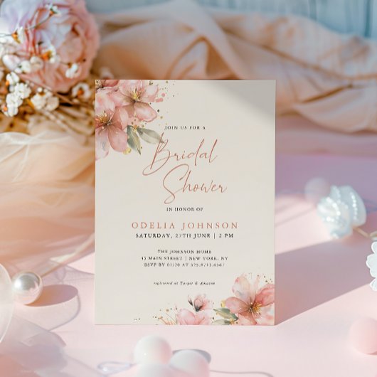 Zachte Roze Bloemige Elegante Script Bruiloft Fees Kaart