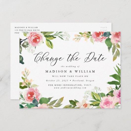 Zachte Roze Bloemige Nieuwe Datum Aankondigingskaart (Voorkant / Achterkant)