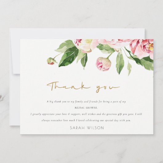 Zachte Roze Bloemige Pioen Waterverf Bruidsdouche Bedankkaart (Voorkant)