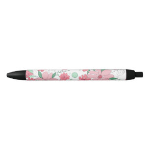 Zachte Roze Bloemmotief met Muntgroene Bladeren Zwarte Inkt Pen