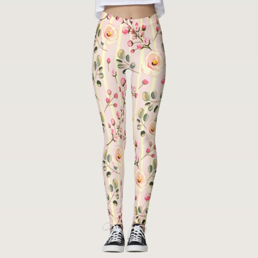 Zachte Roze Bloemstreep Patroon Leggings (Voorkant)