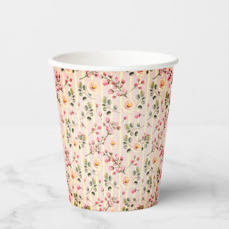 Zachte Roze Bloemstreep Patroon Papieren Bekers